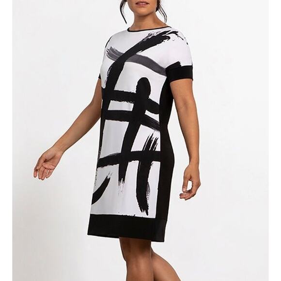 Sympli Women's Chic Short Dress Size 12 Black White NWT Brush Stroke - Picture 2 of 4